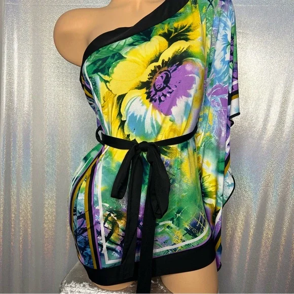 Entry blouse tie at waist one shoulder bay wing belted open shoulder floral top - Picture 2 of 13
